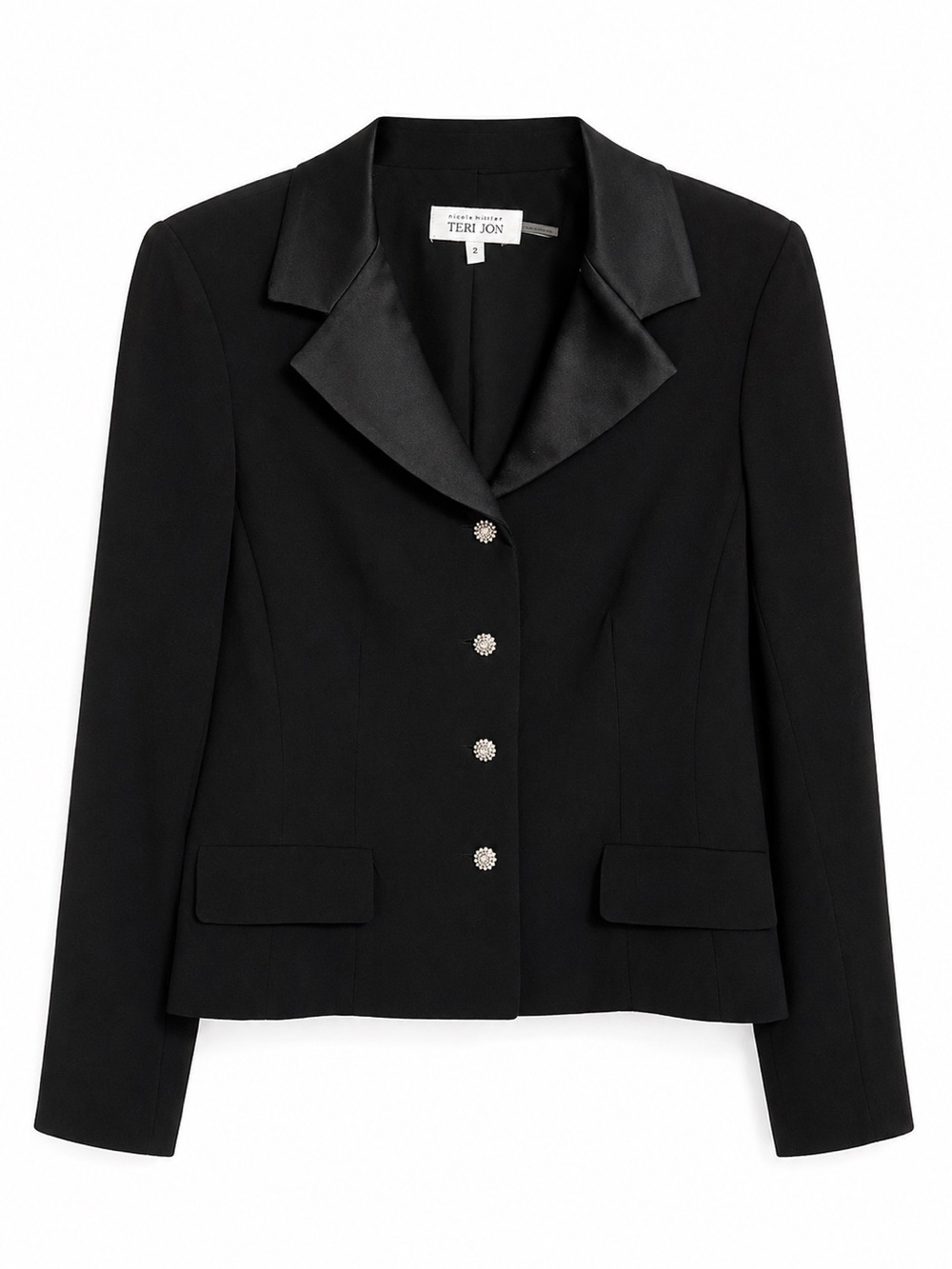 Teri Jon Rickie Freeman Black Satin Lapel Crystal Button Blazer Size 12 NWOT